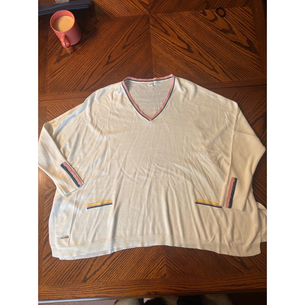 Mersea Oversized V-Neck Sweater White Multi Color Trim Button Cuff OS
